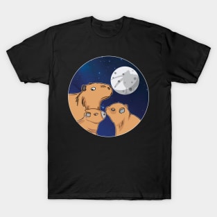 Three Capybara Moon Funny Pelican Capybara Wolf meme T-Shirt